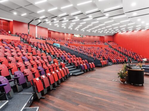 Ivor Crewe lecture hall, red and purple seating